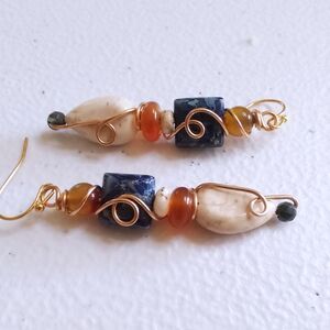 Blue Orange & Cream Stones | Feminine Beaded + Wire Wrapped Dangle Earrings